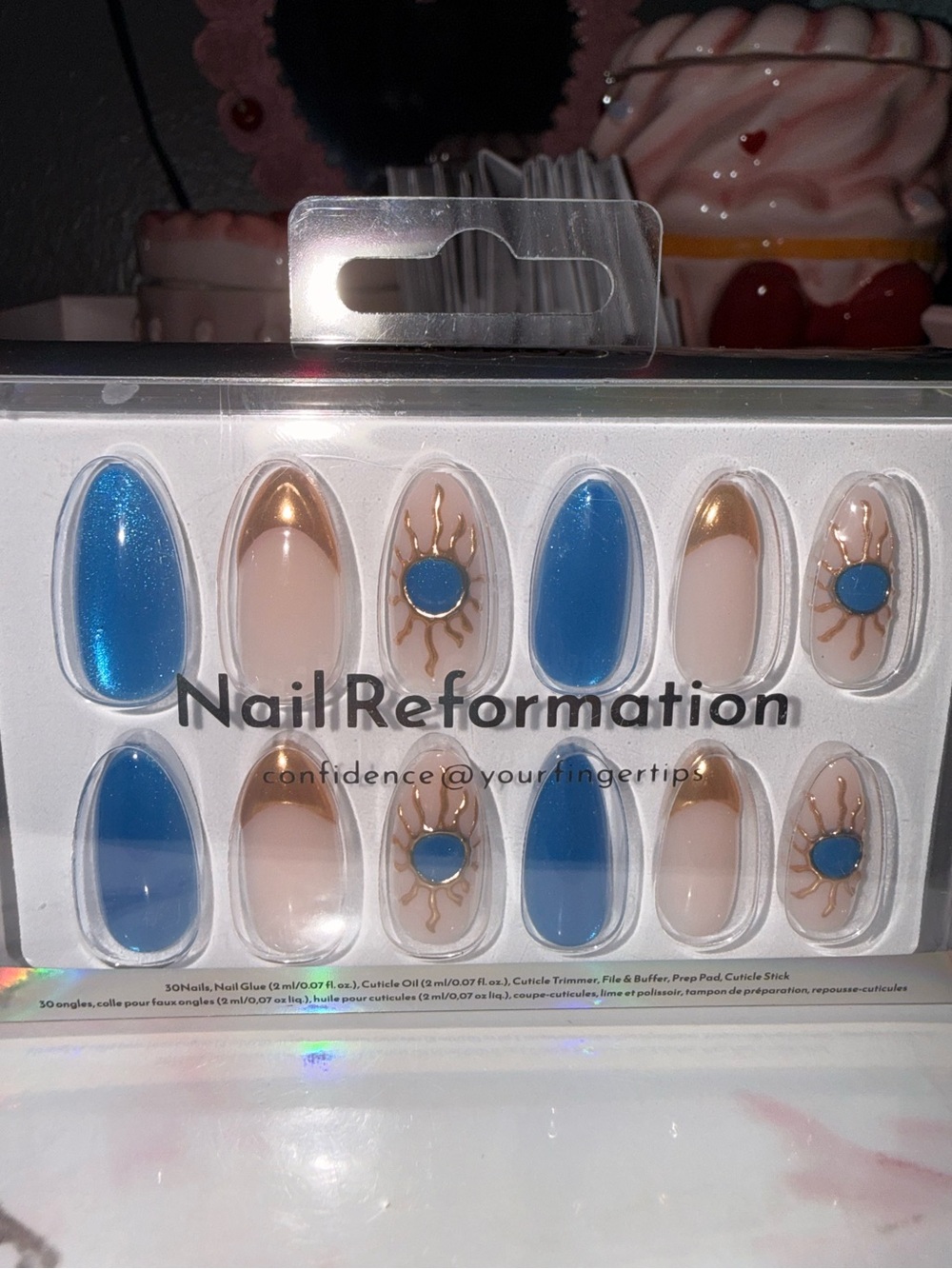Nail Reformation”Sun & Sky” Blue and Gold Designed Press On Nails - Picture 2 of 6